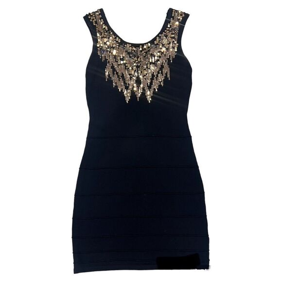 Dresses & Skirts - Y2K 2b Bebe Black Metallic Gold Sequin Bandage Sleeveless Cutout Back Slip